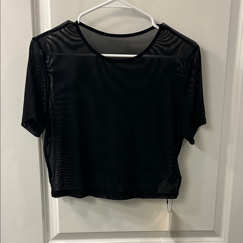 Women’s Shein Black Mesh Sheer Cropped Short Sleeve Shirt (XL)
